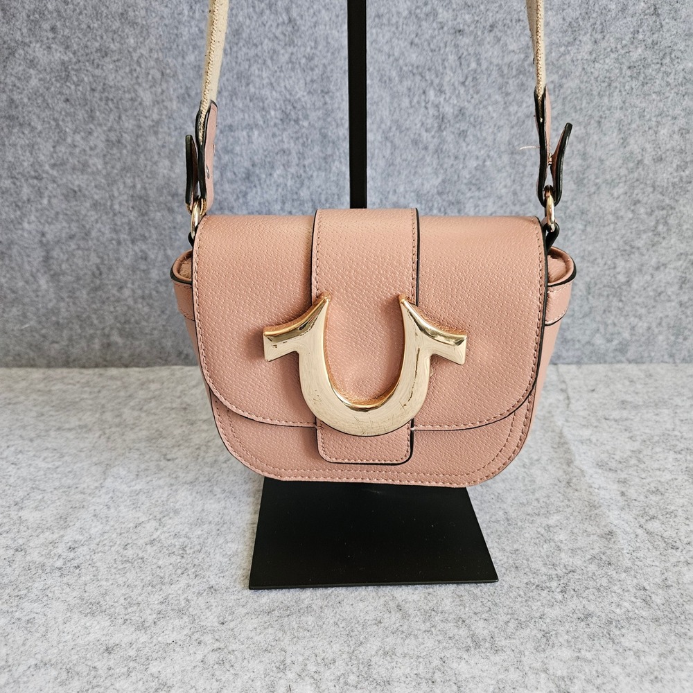 True Religion Dusty Rose Pink Horseshoe Logo Crossbody Saddle Bag Gold Hardware